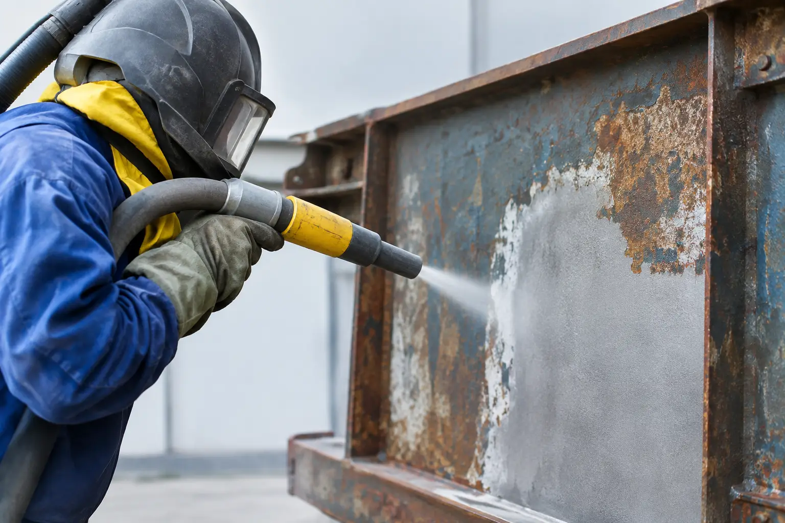 Operador removendo pintura e corrosão de uma estrutura de aço com jateamento abrasivo.