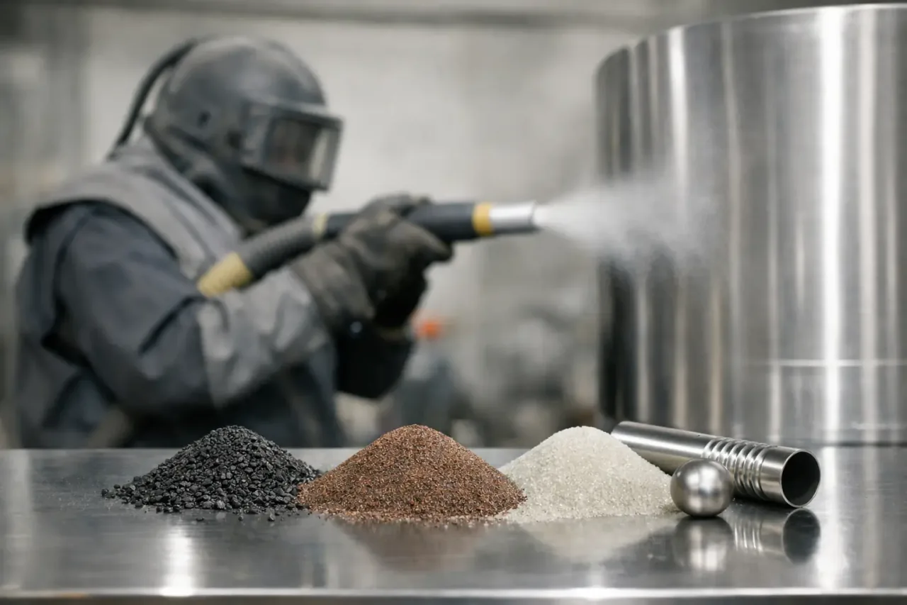 Jateamento abrasivo de componente de aço inoxidável com diferentes mídias em primeiro plano